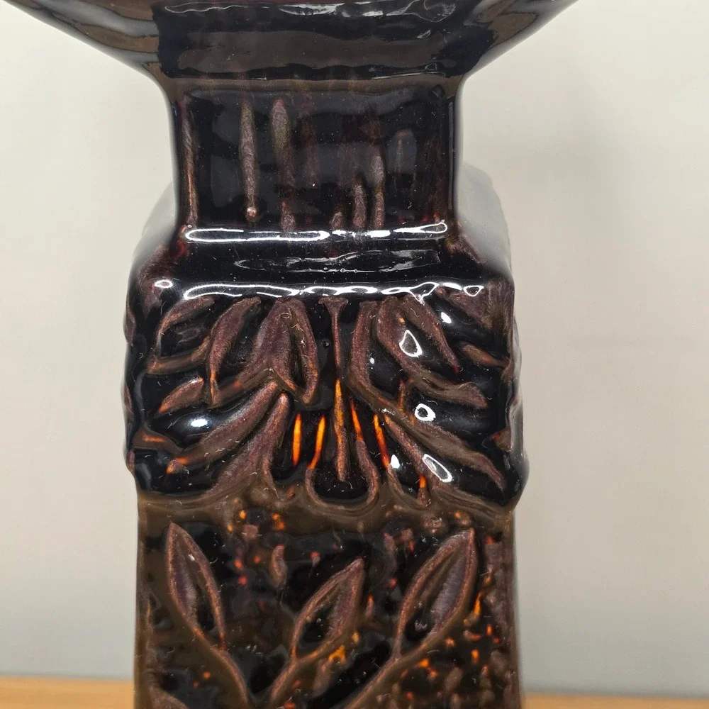 Ceramic Pillar Candle‎ Holder 11in Metallic Dark Brown Embossed Floral Tapered